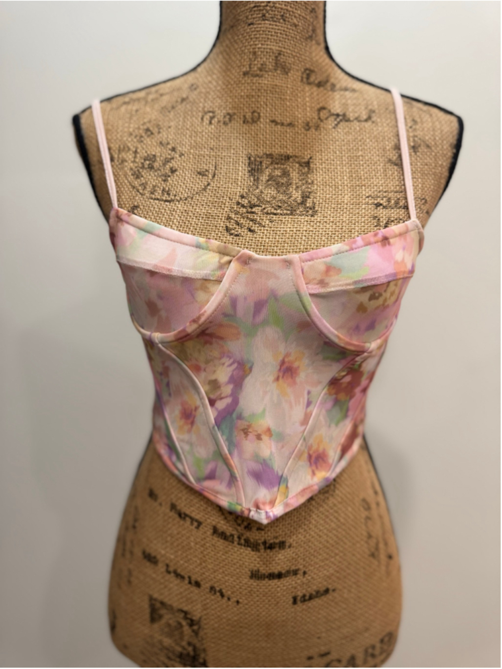 Stradivarius Pastel Floral Mesh Corset Top Bustier Dip Hem S Rave Fairy Goingout